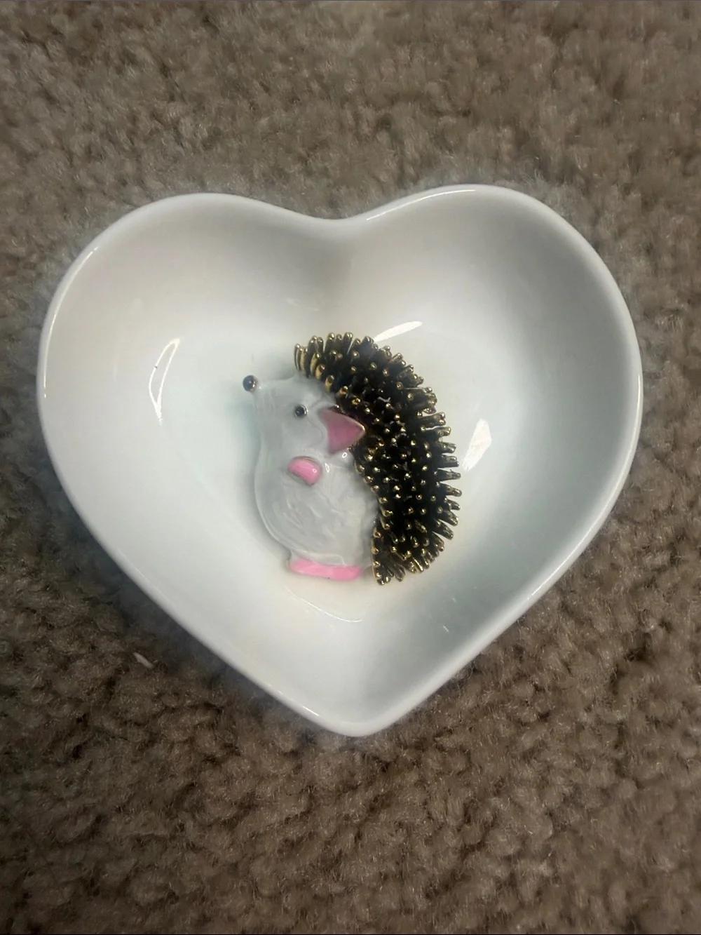 Small White and Gold Hedgehog Brooch with Pink Accents